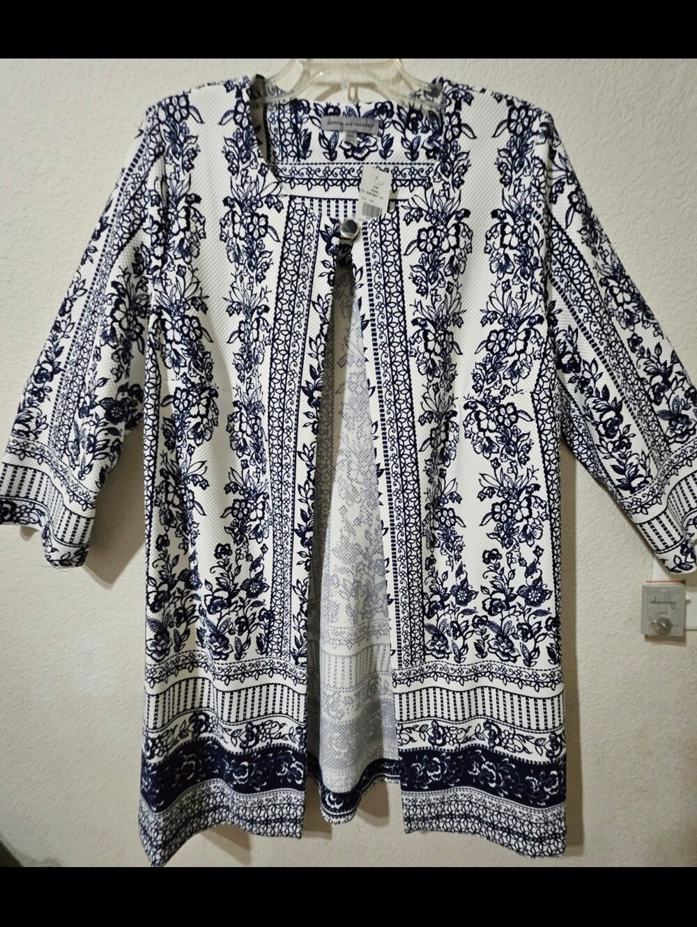 Danny & Nicole Navy and White Floral Open-Front Tunic Cardigan